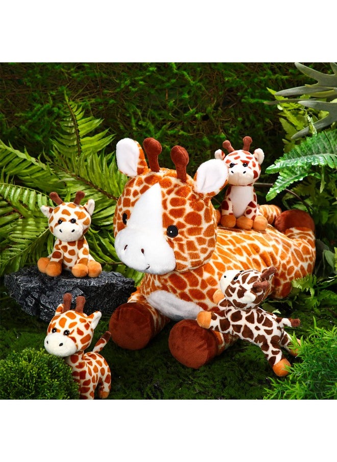 5 Pcs Giraffe Stuffed Animals Set 18'' Large Mommy Giraffe Plush With 4 Cute Baby Giraffes Zippered Tummy Soft Giraffe Gifts For Boy Girl Birthday Christmas Favors Forest Party Decor(Grovel)