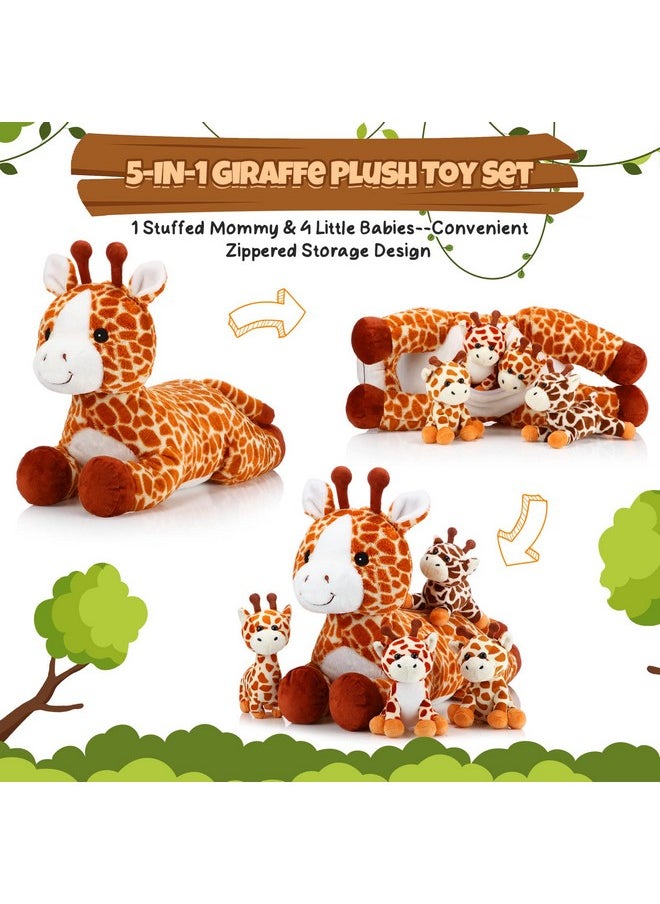 5 Pcs Giraffe Stuffed Animals Set 18'' Large Mommy Giraffe Plush With 4 Cute Baby Giraffes Zippered Tummy Soft Giraffe Gifts For Boy Girl Birthday Christmas Favors Forest Party Decor(Grovel)