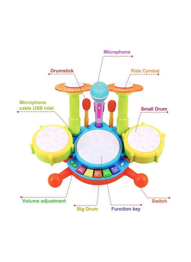 Kids Drum Set Toddler Toys With Adjustable Microphone, Musical Instruments Playset Fit For 3+ Years Old Boys And Girls