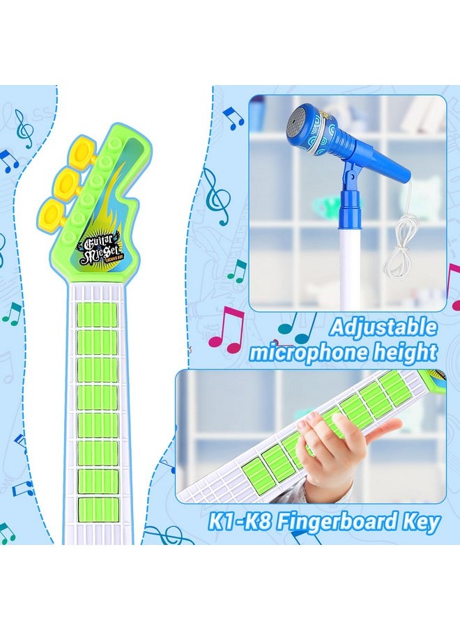 Guitar And Microphone Set For Kids, Adjustable Height Microphone With Stand 8 Music Cord Keys Songs String Bar Colorful Light, Karaoke Toys Pretend Play Guitar Gift For Boy Girls Toddlers(Blue)