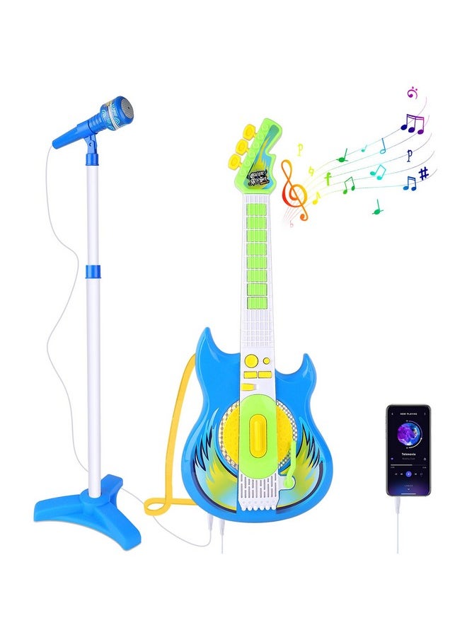 Guitar And Microphone Set For Kids, Adjustable Height Microphone With Stand 8 Music Cord Keys Songs String Bar Colorful Light, Karaoke Toys Pretend Play Guitar Gift For Boy Girls Toddlers(Blue)