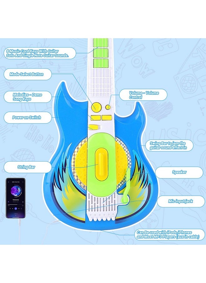 Guitar And Microphone Set For Kids, Adjustable Height Microphone With Stand 8 Music Cord Keys Songs String Bar Colorful Light, Karaoke Toys Pretend Play Guitar Gift For Boy Girls Toddlers(Blue)