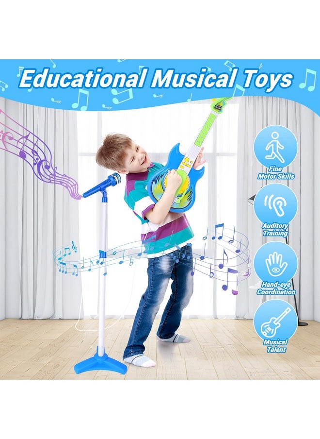 Guitar And Microphone Set For Kids, Adjustable Height Microphone With Stand 8 Music Cord Keys Songs String Bar Colorful Light, Karaoke Toys Pretend Play Guitar Gift For Boy Girls Toddlers(Blue)