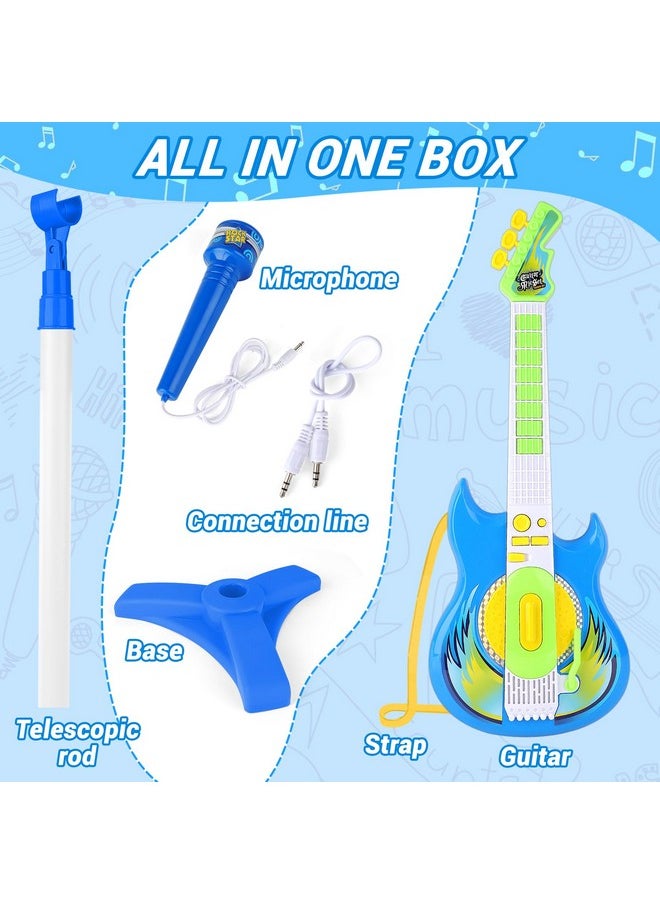 Guitar And Microphone Set For Kids, Adjustable Height Microphone With Stand 8 Music Cord Keys Songs String Bar Colorful Light, Karaoke Toys Pretend Play Guitar Gift For Boy Girls Toddlers(Blue)