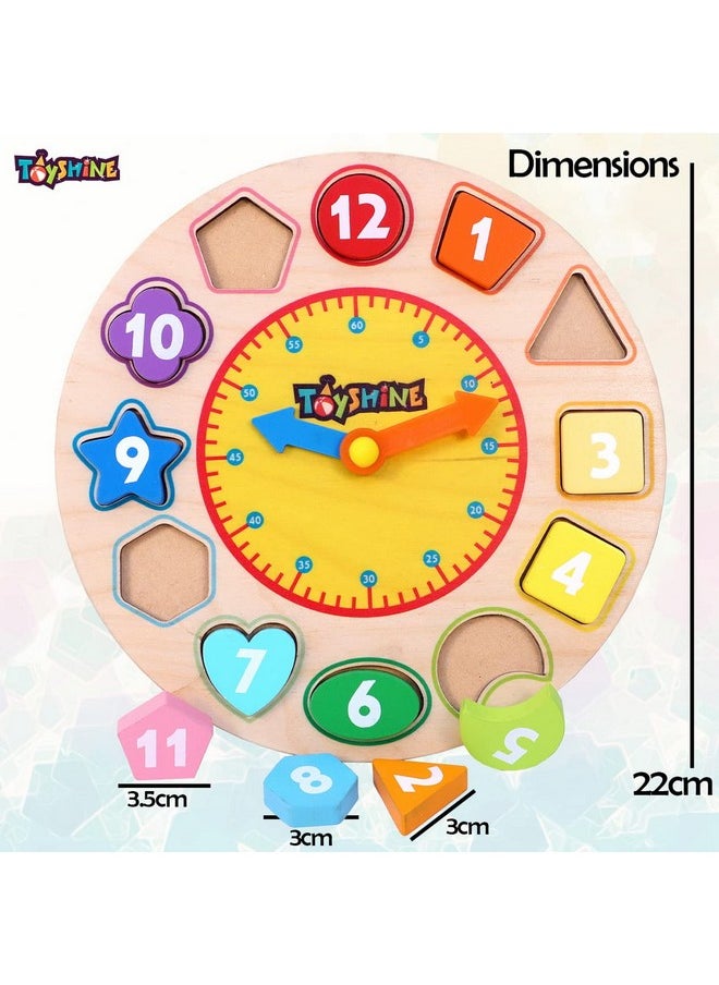 Toyshine Wooden Premium Learning Clock, Educational Digital Analog Numbers, Shape & Color Learning Montessori Toy for Kids- Multi Color