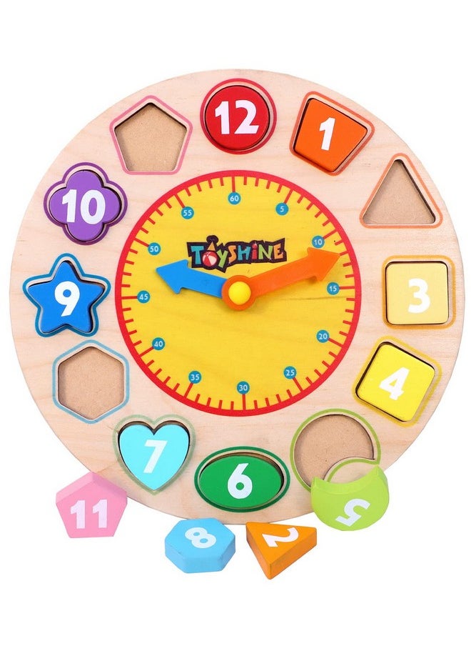 Toyshine Wooden Premium Learning Clock, Educational Digital Analog Numbers, Shape & Color Learning Montessori Toy for Kids- Multi Color