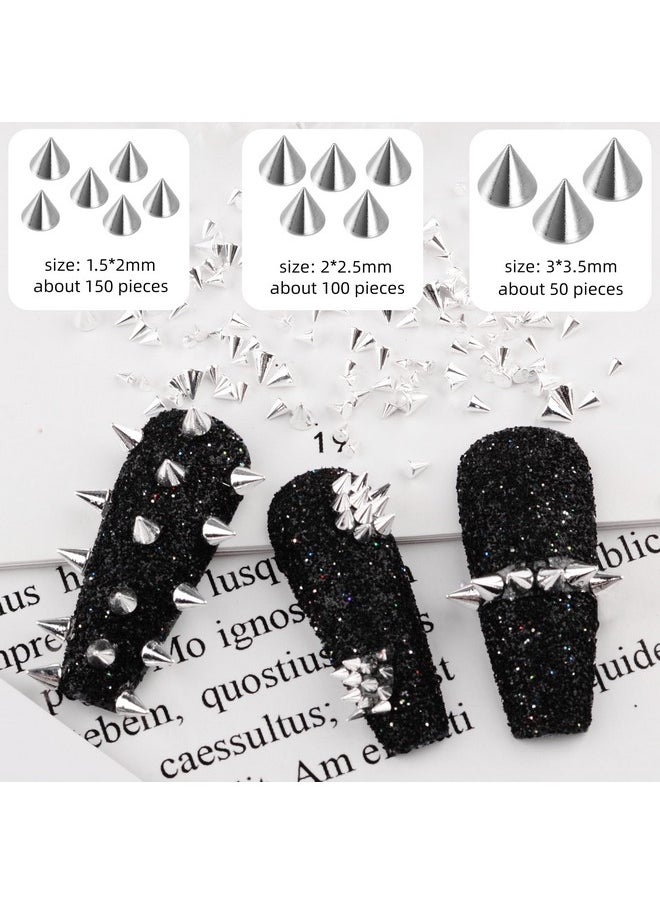 3D Metal Punk Nail Charms Jewels Kit, 300Pcs Alloy Chrome Cone Rivet Spike Snake Skull Studs With 9Pcs Big Glass Pointed Bottom Rhinestones And 200Pcs Flatback Resin Rhinestones (Silver)