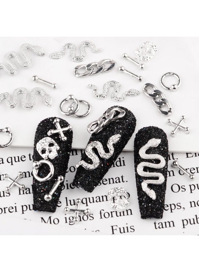 3D Metal Punk Nail Charms Jewels Kit, 300Pcs Alloy Chrome Cone Rivet Spike Snake Skull Studs With 9Pcs Big Glass Pointed Bottom Rhinestones And 200Pcs Flatback Resin Rhinestones (Silver)