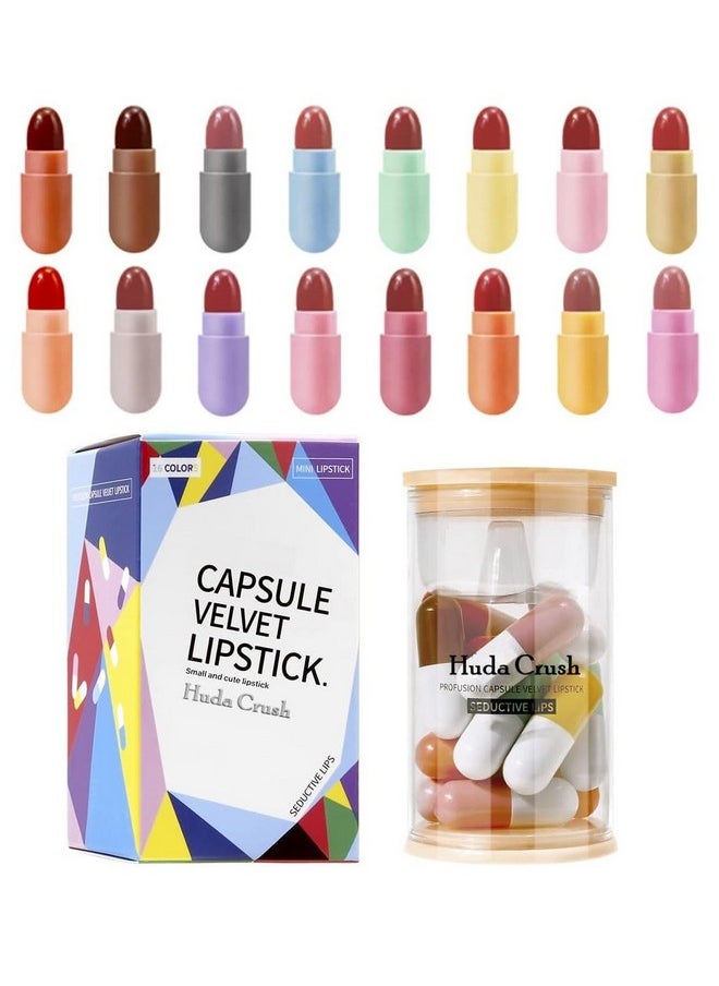 Huda Crush Beauty Mini Bullet | Capsule Style Lipstick Set Herbs-Ayurvedic Creamy Matte Lipstick Set For Lip Hydrating & Moisturizing Crayon Velvet Matte Lipstick Set Of 16 Multicolor Shades