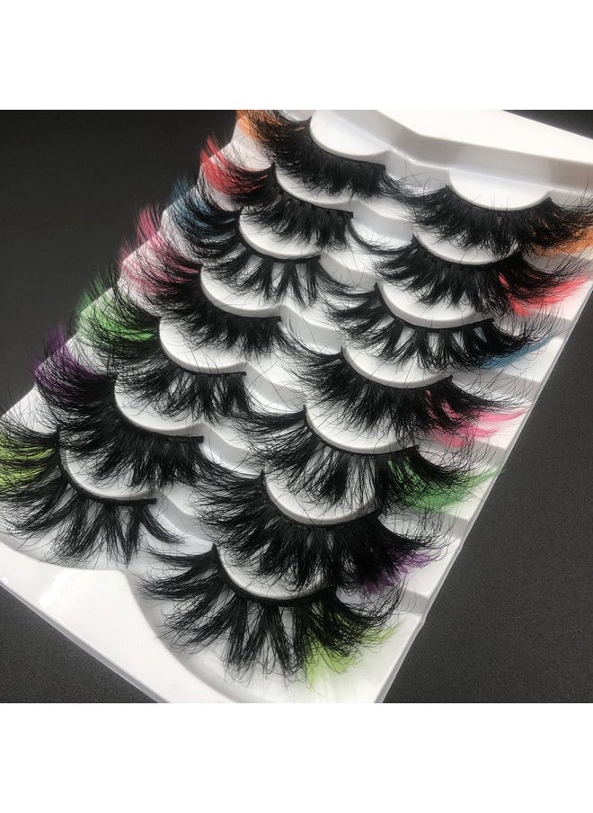 25Mm Colored Mink Lashes Pack, 7 Pairs Mix Color Drametic Long 25Mm Real Mink Eyelashes With Color On End, Fluffy Mink Colored Eyelashes, Colorful Lashes With Orange/Red/Pink/Blue/Green/Purple