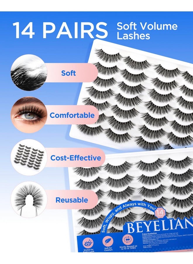 14 Pairs Fake Eyelashes Clear Band D Curl 10-15Mm Cat Eye False Lashes, Soft And Lightweight Faux Mink Lashes Pack, Reusable, Easy To Apply (14P-Hscs-47)