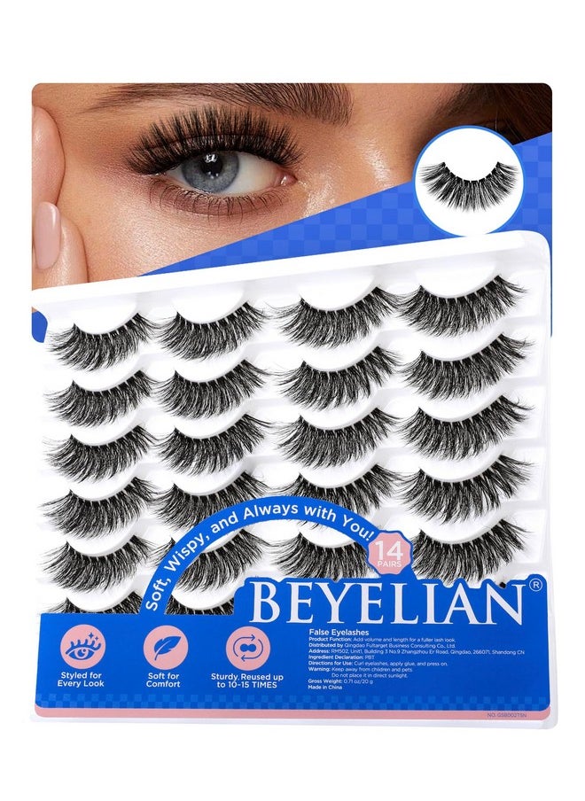 14 Pairs Fake Eyelashes Clear Band D Curl 10-15Mm Cat Eye False Lashes, Soft And Lightweight Faux Mink Lashes Pack, Reusable, Easy To Apply (14P-Hscs-47)