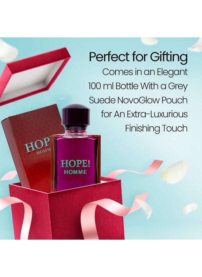 NovoGlow Hope Homme for Men - 100ml Eau De Parfum Spray for Men - Spicy Floral & Intense Fragrance Warm Scent Lasts All Day Long Includes Carrying Pouch Gift for Men for All Occasions