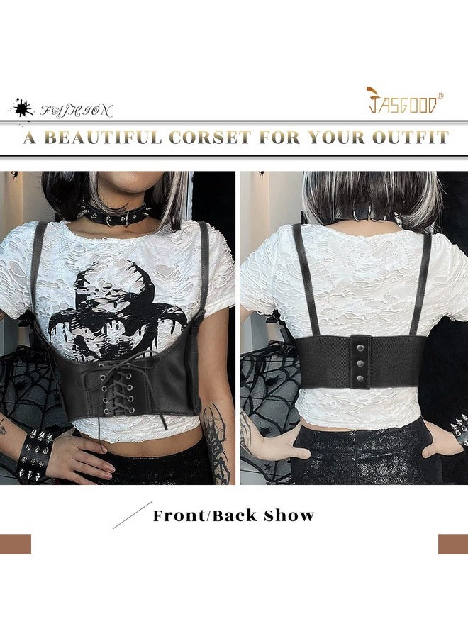 Women Faux Leather Corset Waist Belt Elastic Wide Underbust Corset Lace-Up Steampunk Waspie Belt For Halloween