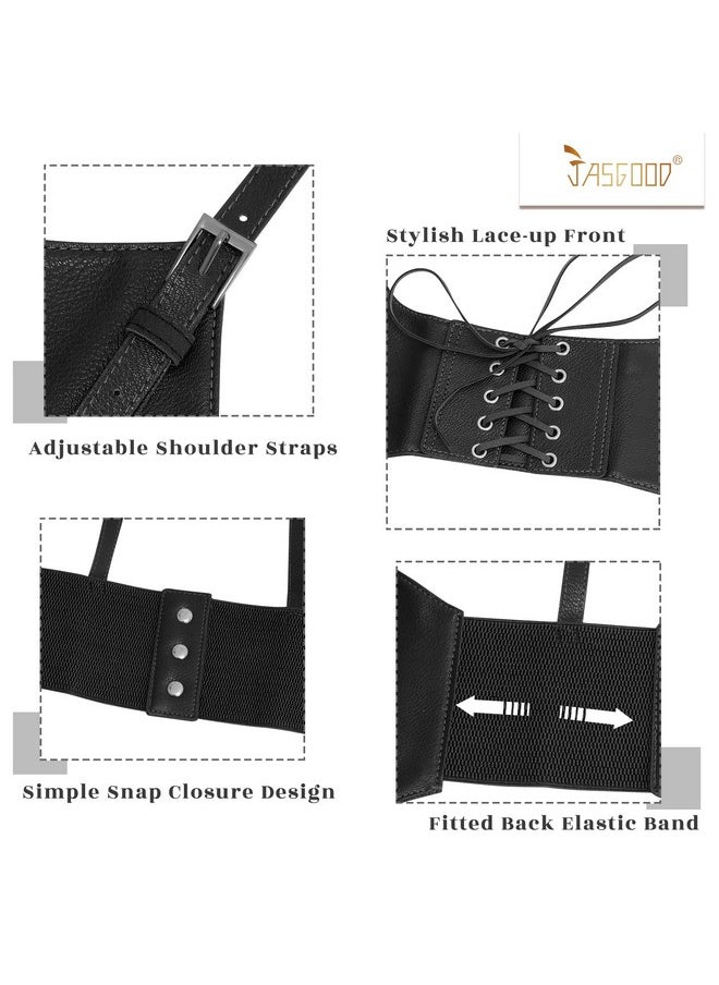 Women Faux Leather Corset Waist Belt Elastic Wide Underbust Corset Lace-Up Steampunk Waspie Belt For Halloween