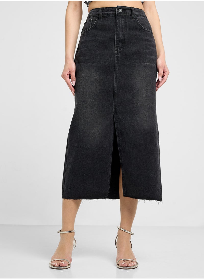 Denim Midi Skirt With Slit