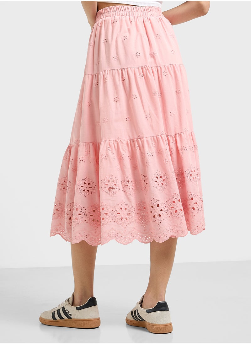 Broderie Lace Detail Tiered Maxi Skirt