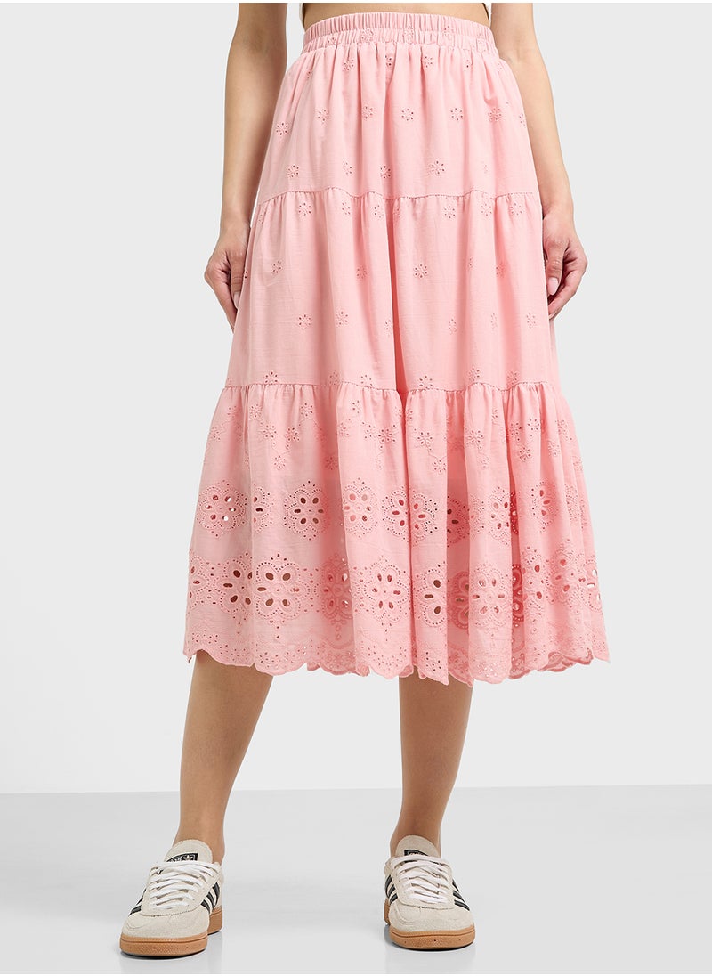 Broderie Lace Detail Tiered Maxi Skirt