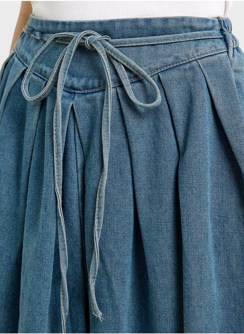 Pleated Denim Skirt