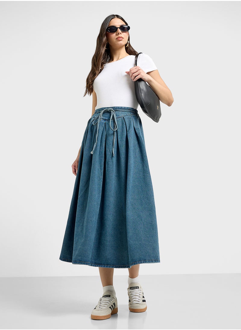 Pleated Denim Skirt