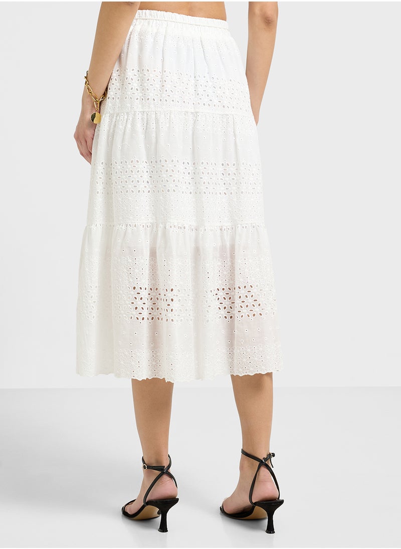Broderie Lace Detail Tiered Maxi Skirt