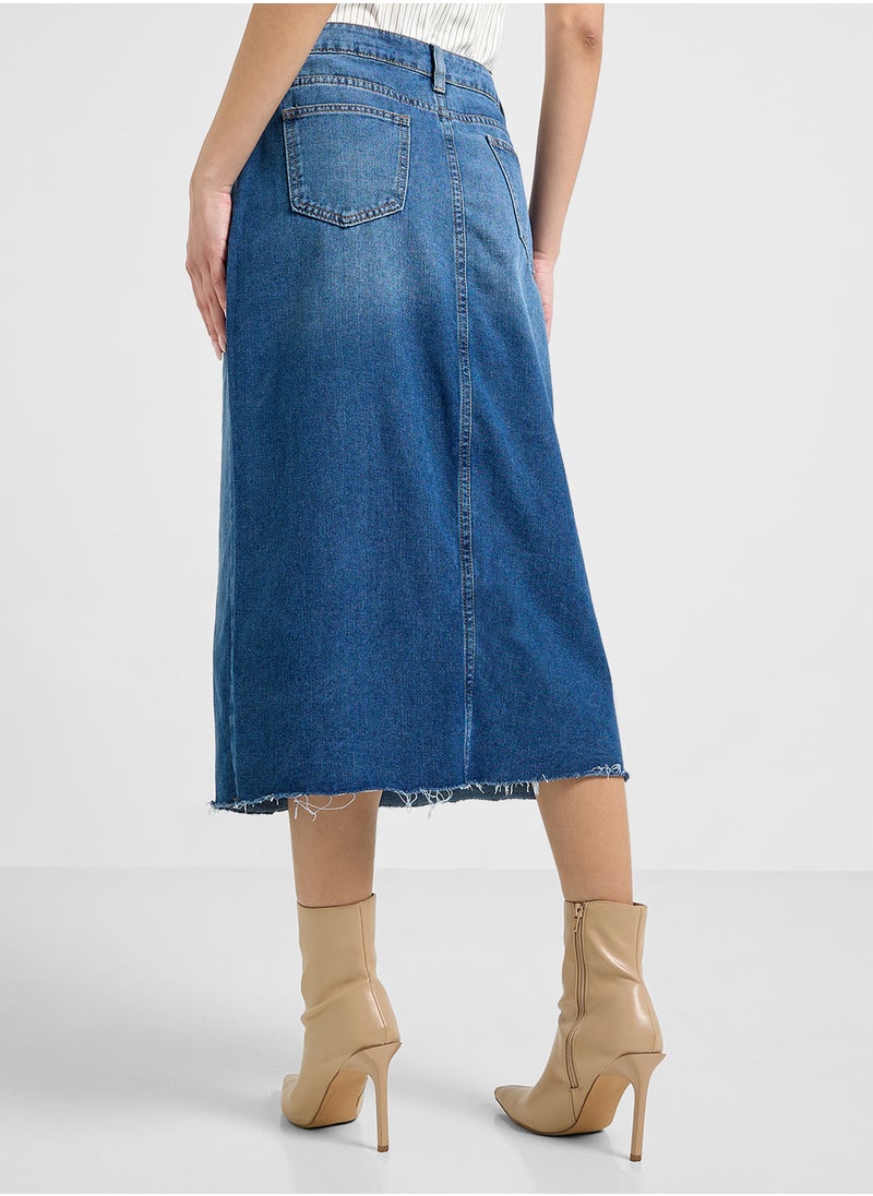 Denim Midi Skirt With Slit