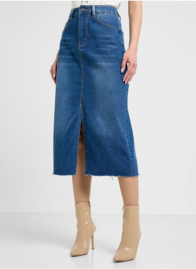 Denim Midi Skirt With Slit