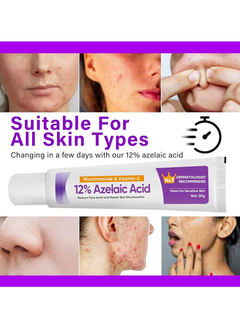 2-PACKS 12%Azelaic Acid Serum, Lighten Acne Marks,Relieves Redness, Dark Spots, Rosacea, Balances Excess Sebum, Brightening Face Skin Care Treatment for All Skin Types 20g*2