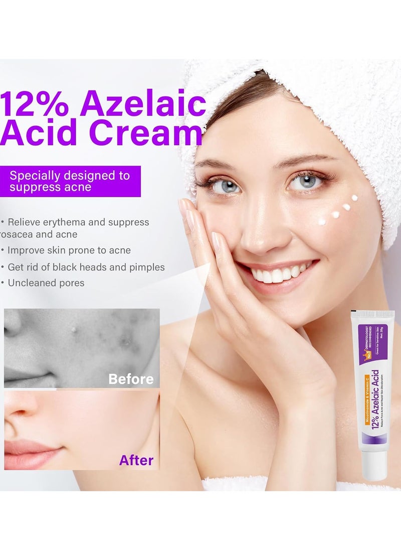 2-PACKS 12%Azelaic Acid Serum, Lighten Acne Marks,Relieves Redness, Dark Spots, Rosacea, Balances Excess Sebum, Brightening Face Skin Care Treatment for All Skin Types 20g*2