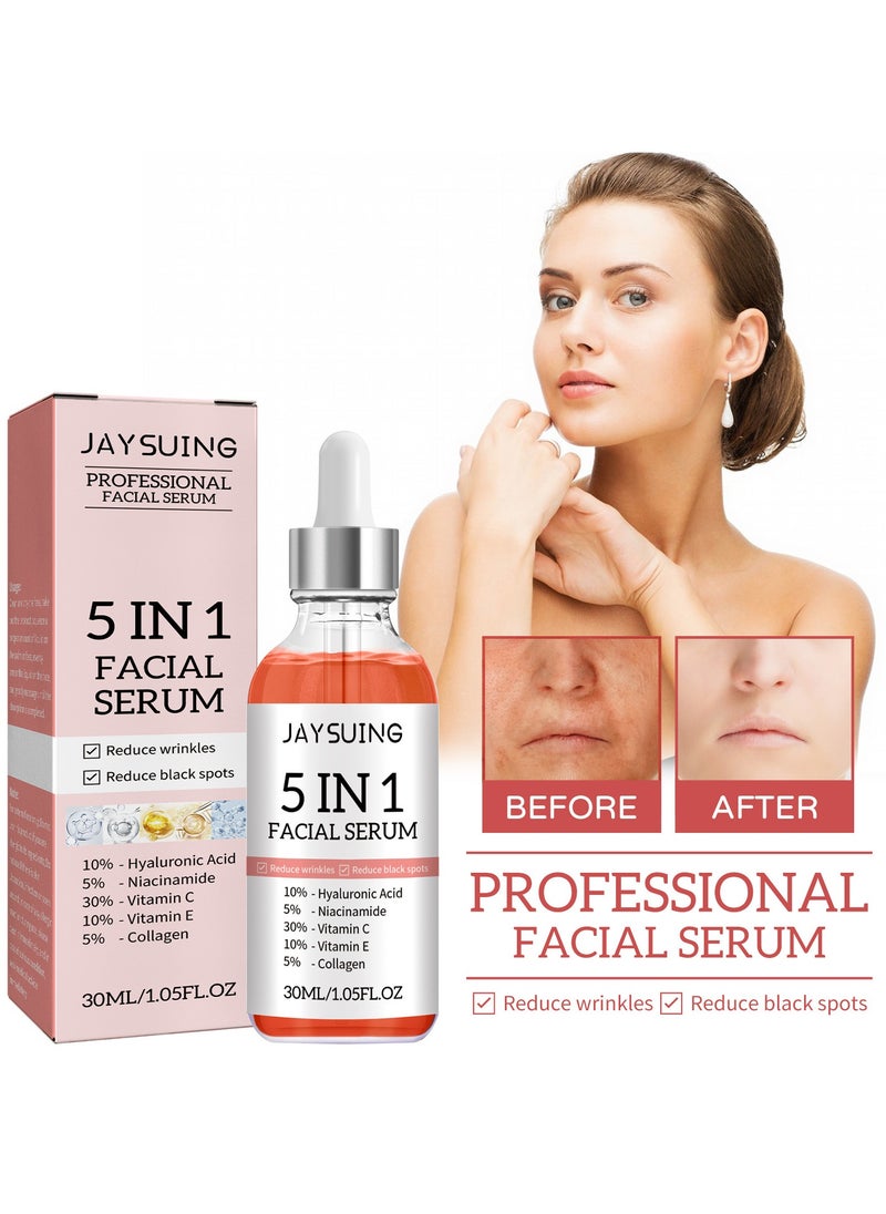 5 In 1 Moisturizing Whitening Facial Serum, With Hyaluronic Acid Niacinamide Collagen Vitamin , Fast Absorbing Dark Spot Corrector Serum, Anti Wrinkles SerumFor Age Defying Beauty 30ml