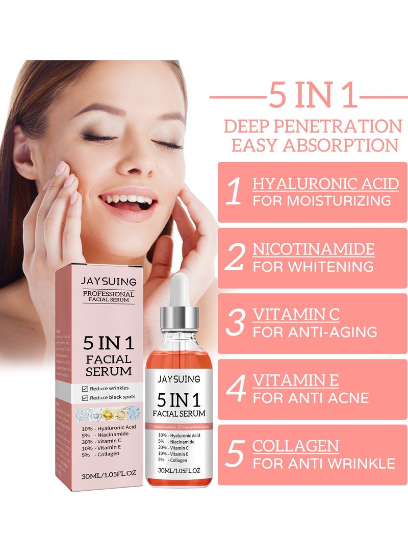5 In 1 Moisturizing Whitening Facial Serum, With Hyaluronic Acid Niacinamide Collagen Vitamin , Fast Absorbing Dark Spot Corrector Serum, Anti Wrinkles SerumFor Age Defying Beauty 30ml