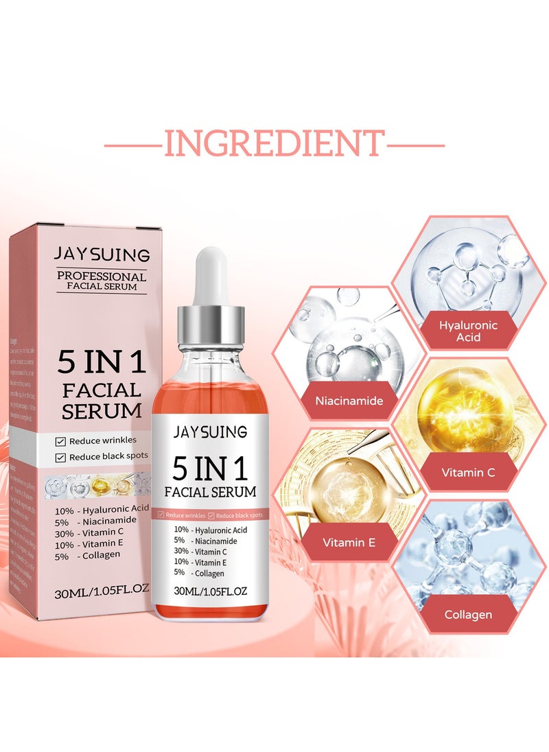 5 In 1 Moisturizing Whitening Facial Serum, With Hyaluronic Acid Niacinamide Collagen Vitamin , Fast Absorbing Dark Spot Corrector Serum, Anti Wrinkles SerumFor Age Defying Beauty 30ml