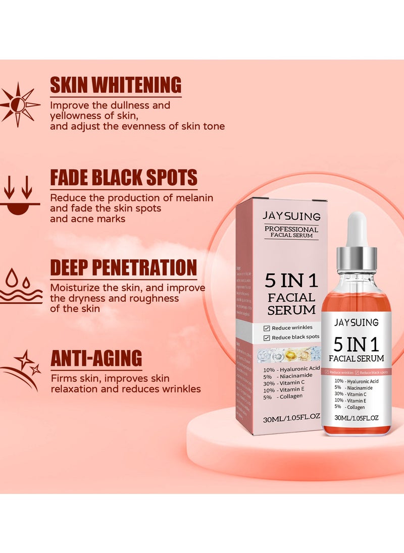 5 In 1 Moisturizing Whitening Facial Serum, With Hyaluronic Acid Niacinamide Collagen Vitamin , Fast Absorbing Dark Spot Corrector Serum, Anti Wrinkles SerumFor Age Defying Beauty 30ml