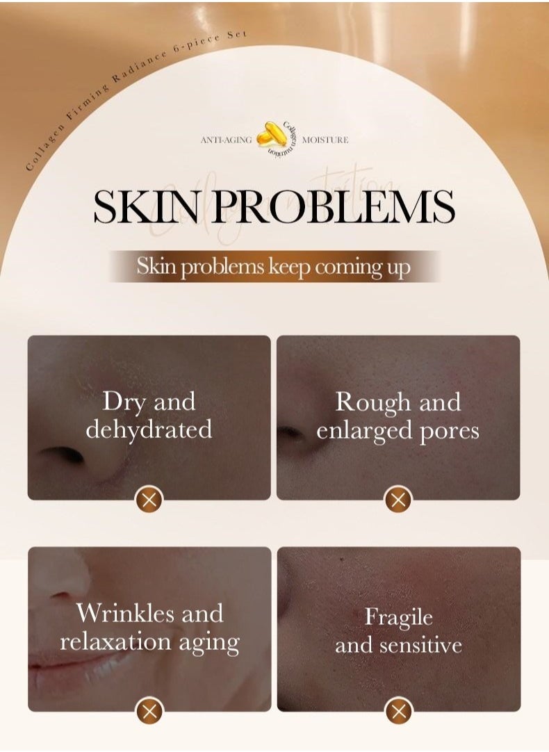 Anti Wrinkle Collagen Skin Care Set Nourishing Whitening Moisturizing Fast Absorbing Anti Aging Smooth and Soft Skin Remove Wrinkles and Dullness 6pcs Set