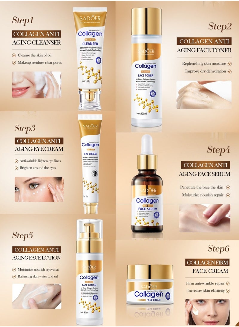 Anti Wrinkle Collagen Skin Care Set Nourishing Whitening Moisturizing Fast Absorbing Anti Aging Smooth and Soft Skin Remove Wrinkles and Dullness 6pcs Set