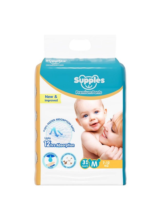 Brand - Supples Premium Diapers, Medium (M), 31 Count, 7-12 Kg, 12 Hrs Absorption Baby Diaper Pants