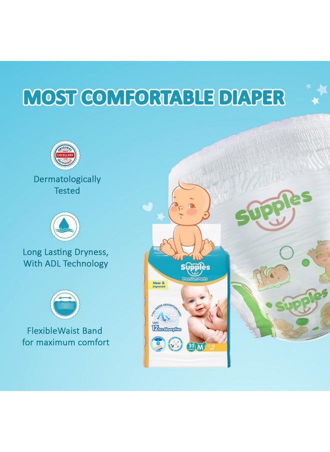 Brand - Supples Premium Diapers, Medium (M), 31 Count, 7-12 Kg, 12 Hrs Absorption Baby Diaper Pants