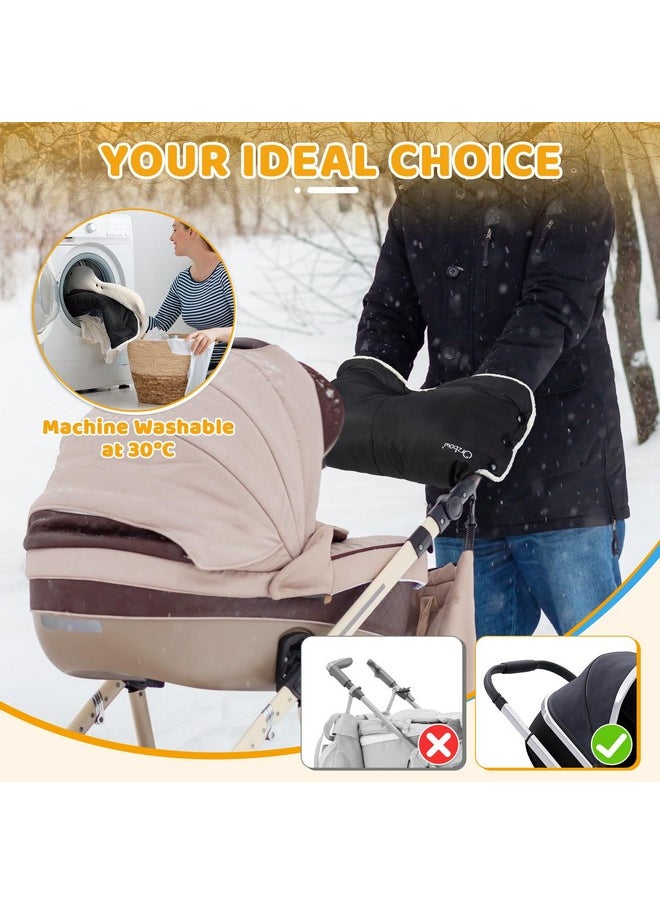 Winter Stroller Gloves, Waterproof Stroller Mittens For Cold Weather With Berber Fleece, Universal Anti-Freeze Hand Muffs Easily Attaches To Stroller, Parents And Caregivers, Cozy & Warm, Black
