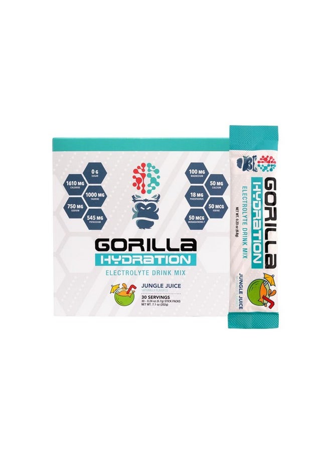 Gorilla Mind Hydration Packets - 3,073mg Electrolytes On The Go Convenient Drink Mix for Comprehensive Replenishment - Zero Sugar, Naturally Sweetened & Fasting Friendly - 30 Count (Jungle Juice)