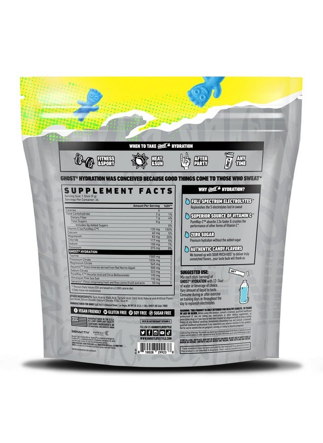 GHOST Hydration Packets, Sour Patch Kids Blue Raspberry, 24 Sticks, Electrolyte Powder - Drink Mix Supplement with Magnesium, Potassium, Calcium, Vitamin C - Vegan, Free of Soy, Sugar & Gluten