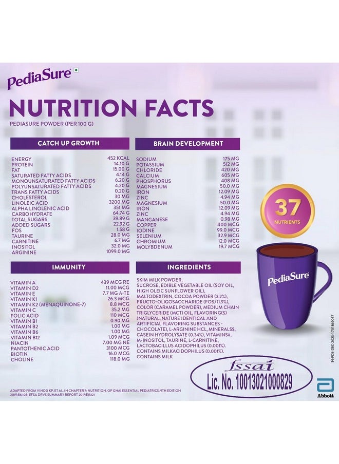 Pediasure Nutritional Drink Powder, Chocolate, Scientifically Designed Nutrition for Supporting Kids Growth 400g/375g (weight may vary)