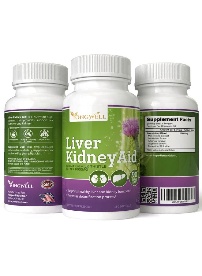 Liver Kidney Aid, Herbal Based Ingredients Supports Liver and Kidney Health, 90 Days Supply (180 Softgels)