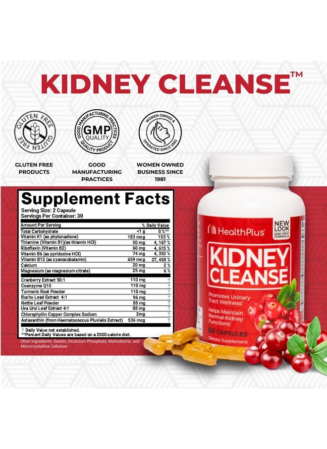Health Plus Advanced Kidney Cleanse with Cranberry Extract, Turmeric Root and CoQ10, Helps Support Healthy Kidney Function & Urinary Tract Wellness, 60 Capsules