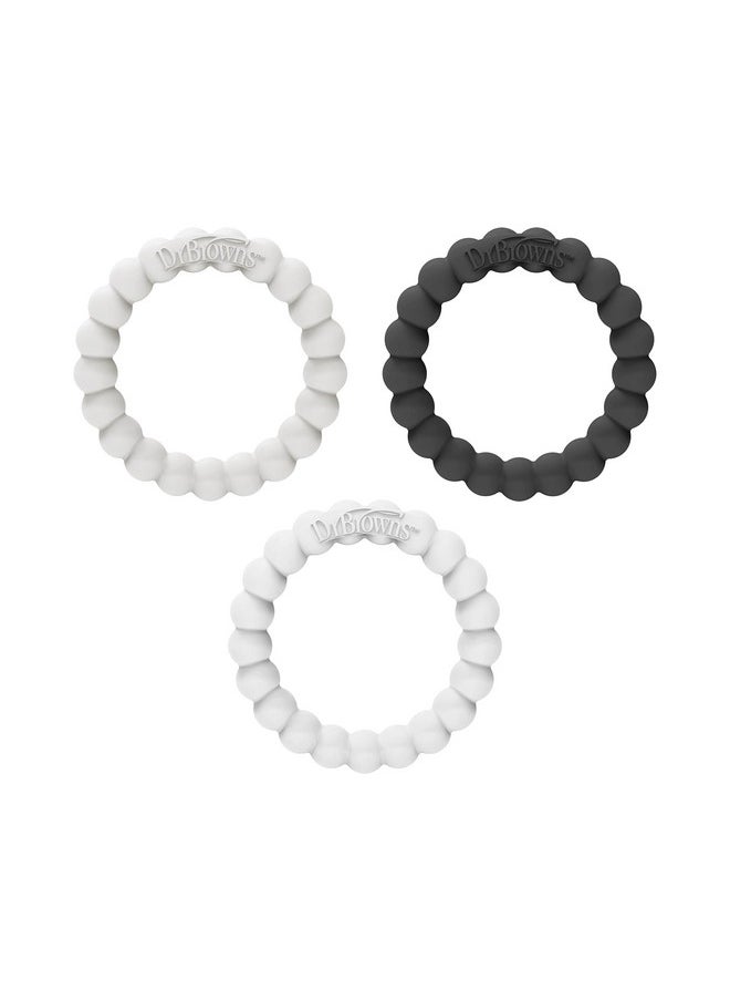 Flexees Beaded Teether Rings, 100% Silicone, Soft & Easy To Hold, Encourages Self-Soothe, 3 Pack, Black, White, Gray, Bpa Free, 3M+