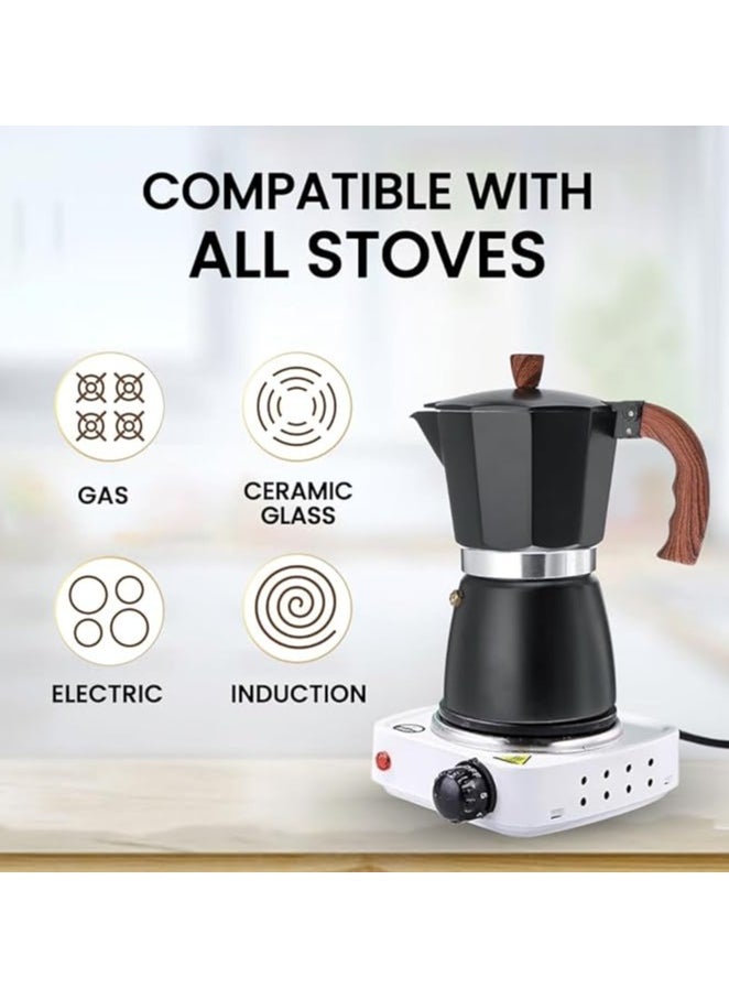 Stovetop Espresso Maker, Aluminum 6-cup Premium Moka Pot for Classic Espresso, Manual Italian Coffee Maker for Home and Camping, Easy to Operate and Quick Cleanup  (Black)