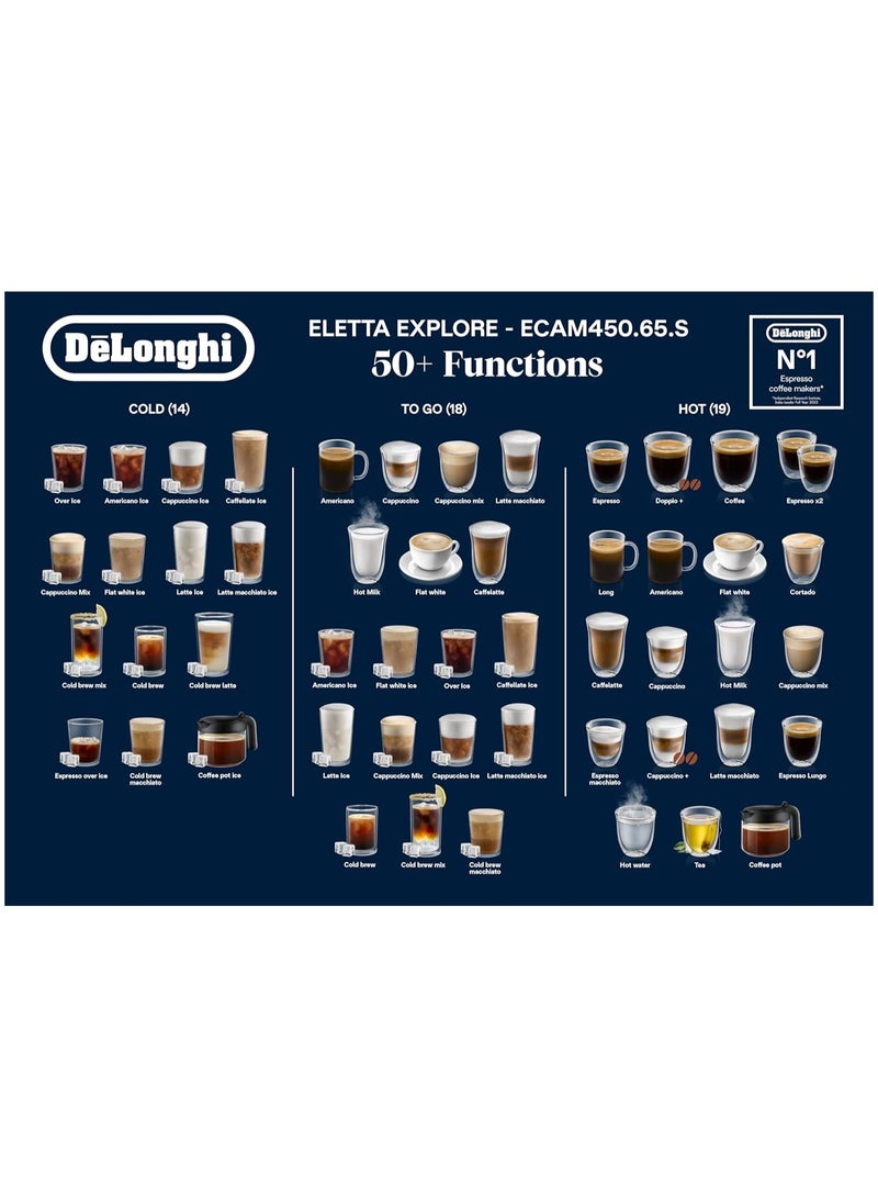 Delonje Aleta Cold Pro Automatic Coffee Machine With Crema Hot Cool Latte Technology Intuitive Color Screen Cool Extraction Technology TFT Screen 3.5 inch wifi silver 1.8 L 1450 W ECAM450.65.S silver
