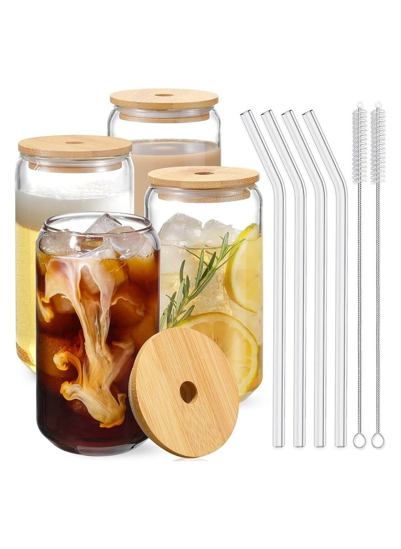 Drinking Glasses with Bamboo Lids and Glass Straw 4pcs Set - 16oz Can Shaped Glass Cups, Mocktail Glasses, Iced Coffee Glasses, Cute Tumbler Cup, Ideal for Cocktail,Gift - 2 Cleaning Brushes