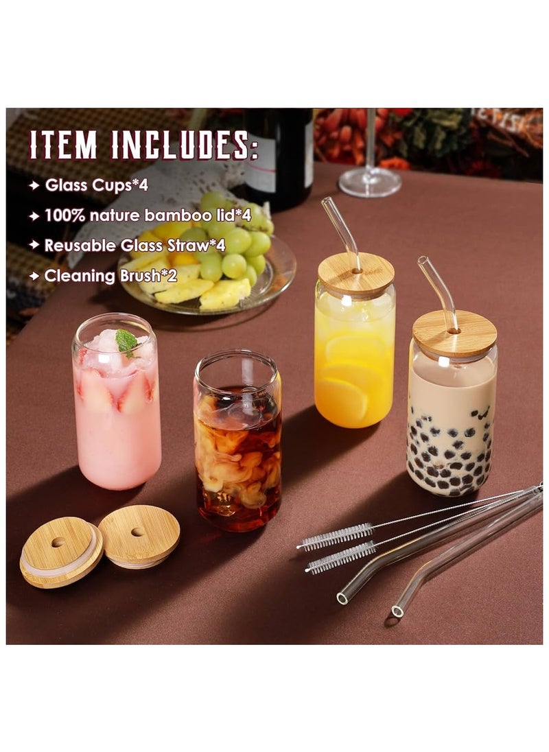 Drinking Glasses with Bamboo Lids and Glass Straw 4pcs Set - 16oz Can Shaped Glass Cups, Mocktail Glasses, Iced Coffee Glasses, Cute Tumbler Cup, Ideal for Cocktail,Gift - 2 Cleaning Brushes