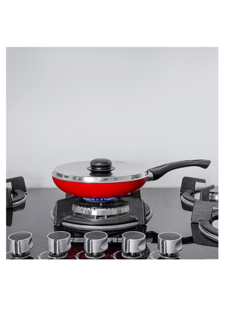 Royalford 20 cm Aluminum Nonstick Frypan with Stainless Steel Lid- RF12518/ Strong Body with 3 Layer Coating and Heat Resistant Bakelite Handle Assorted