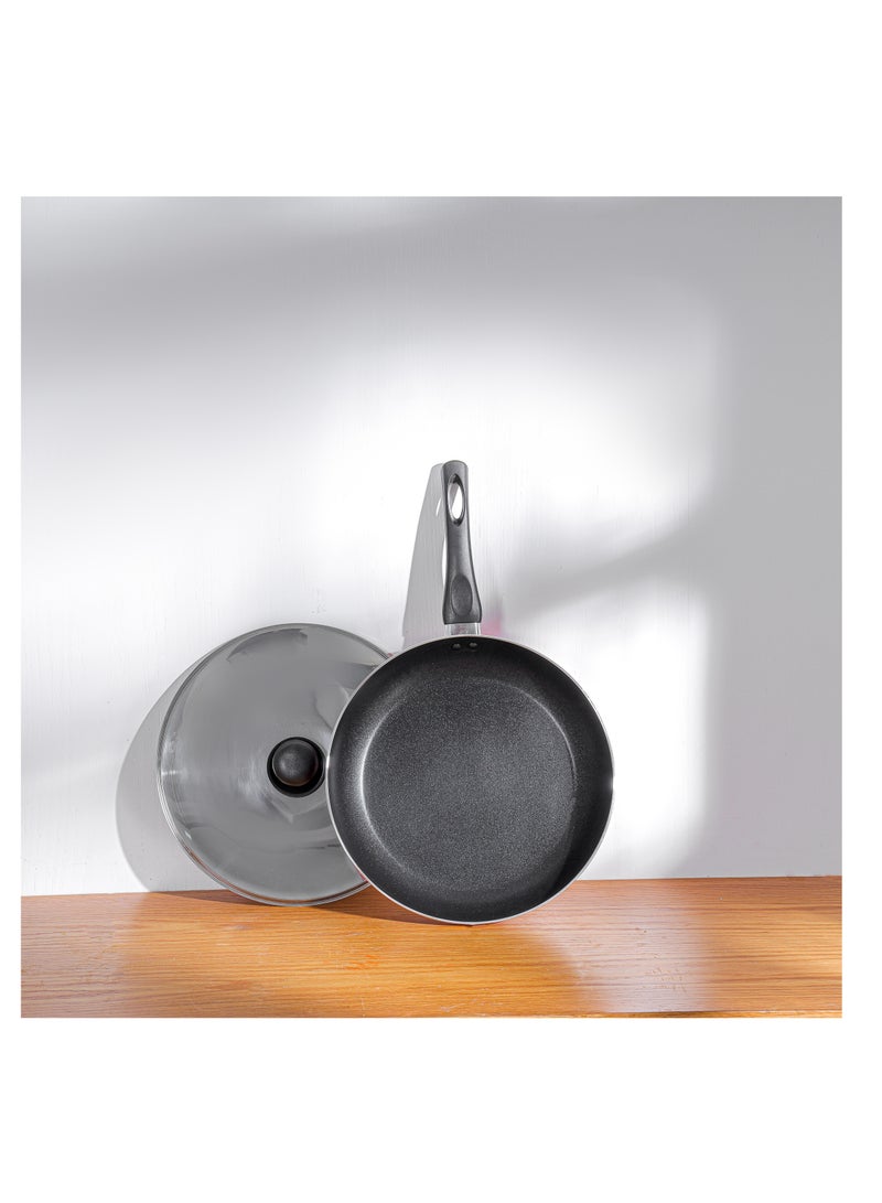 Royalford 20 cm Aluminum Nonstick Frypan with Stainless Steel Lid- RF12518/ Strong Body with 3 Layer Coating and Heat Resistant Bakelite Handle Assorted